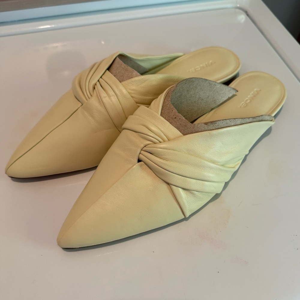 Vince Pale Yellow Knotted Leather Pointed Toe Mules